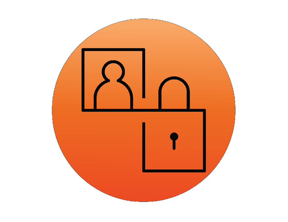 Stiliseret ikon for datasikkerhed med personsilhuet og hængelås på orange cirkulær baggrund.