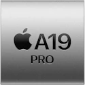 Apple A19 PRO chip på sølvfarvet metaloverflade med Apple-logoet præget ind i designet.