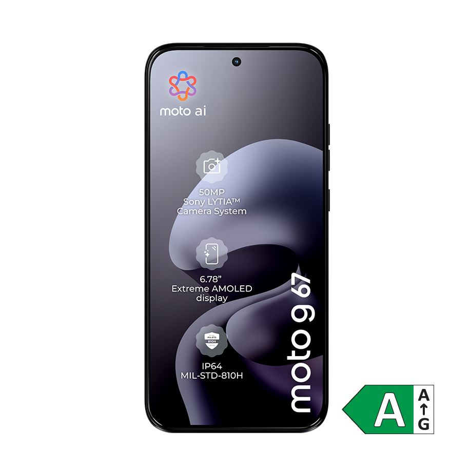 Motorola moto g67 smartphone med sort skærm, der viser tekniske specifikationer og energimærke A i hjørnet.