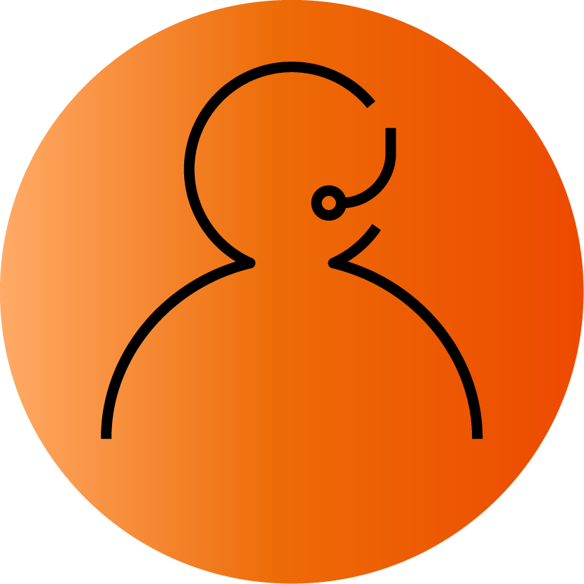 Sort stiliseret ikon af en person med headset på orange cirkulær baggrund, der symboliserer kundeservice.