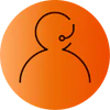 Sort stiliseret ikon af en person med headset på orange cirkulær baggrund, der symboliserer kundeservice.