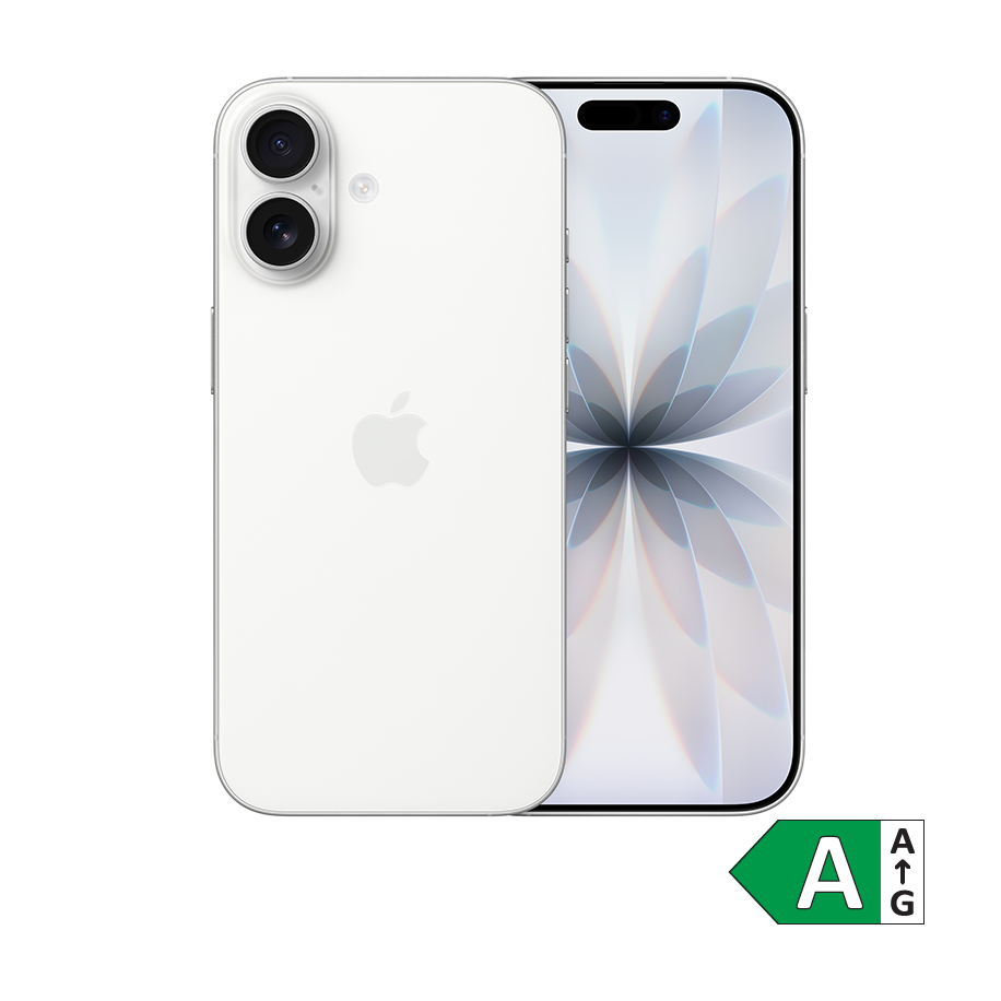 Hvid iPhone 17 med dobbelt kamera og blomstermotiv på skærmen. Energimærke A vises i hjørnet.