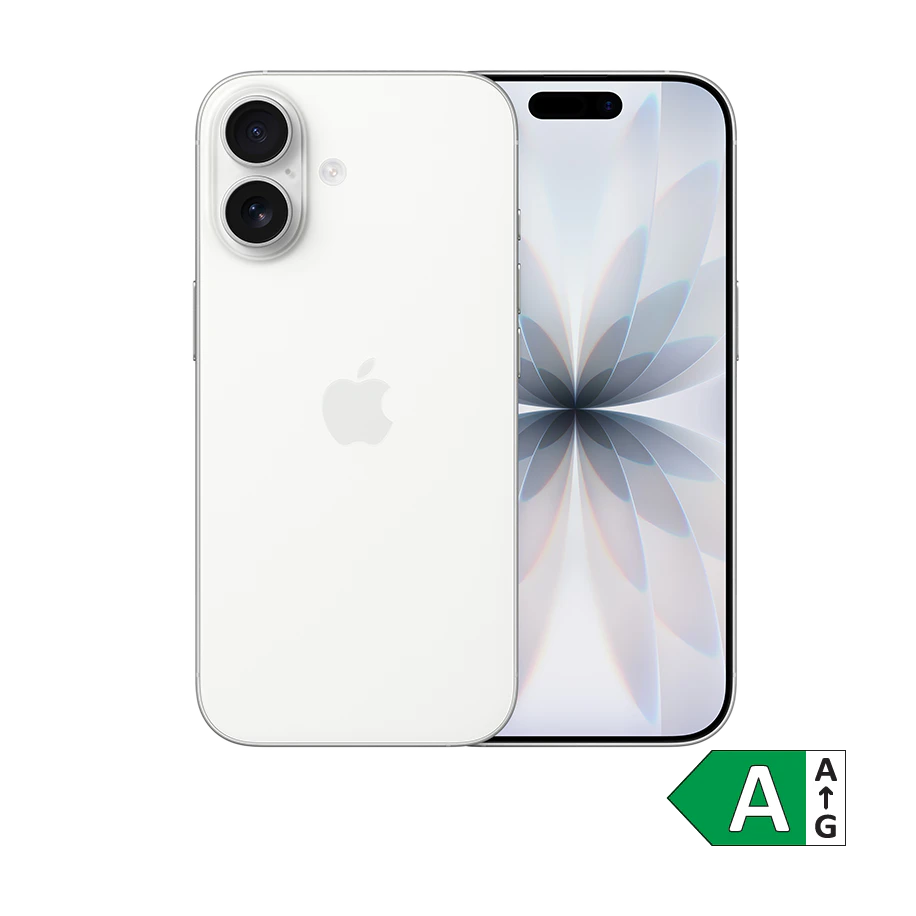 Hvid iPhone 17 med dobbelt kamera og blomstermotiv på skærmen. Energimærke A vises i hjørnet.