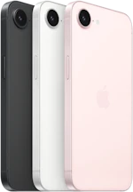 Tre iPhone 17e-modeller vist fra bagsiden i farverne sort, hvid og lyserød med synlige kameralinser i øverste venstre hjørne.