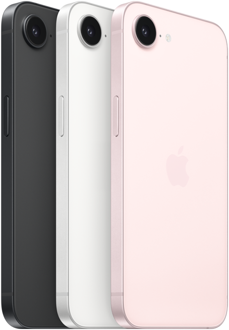 Tre iPhone 17e-modeller vist fra bagsiden i farverne sort, hvid og lyserød med synlige kameralinser i øverste venstre hjørne.