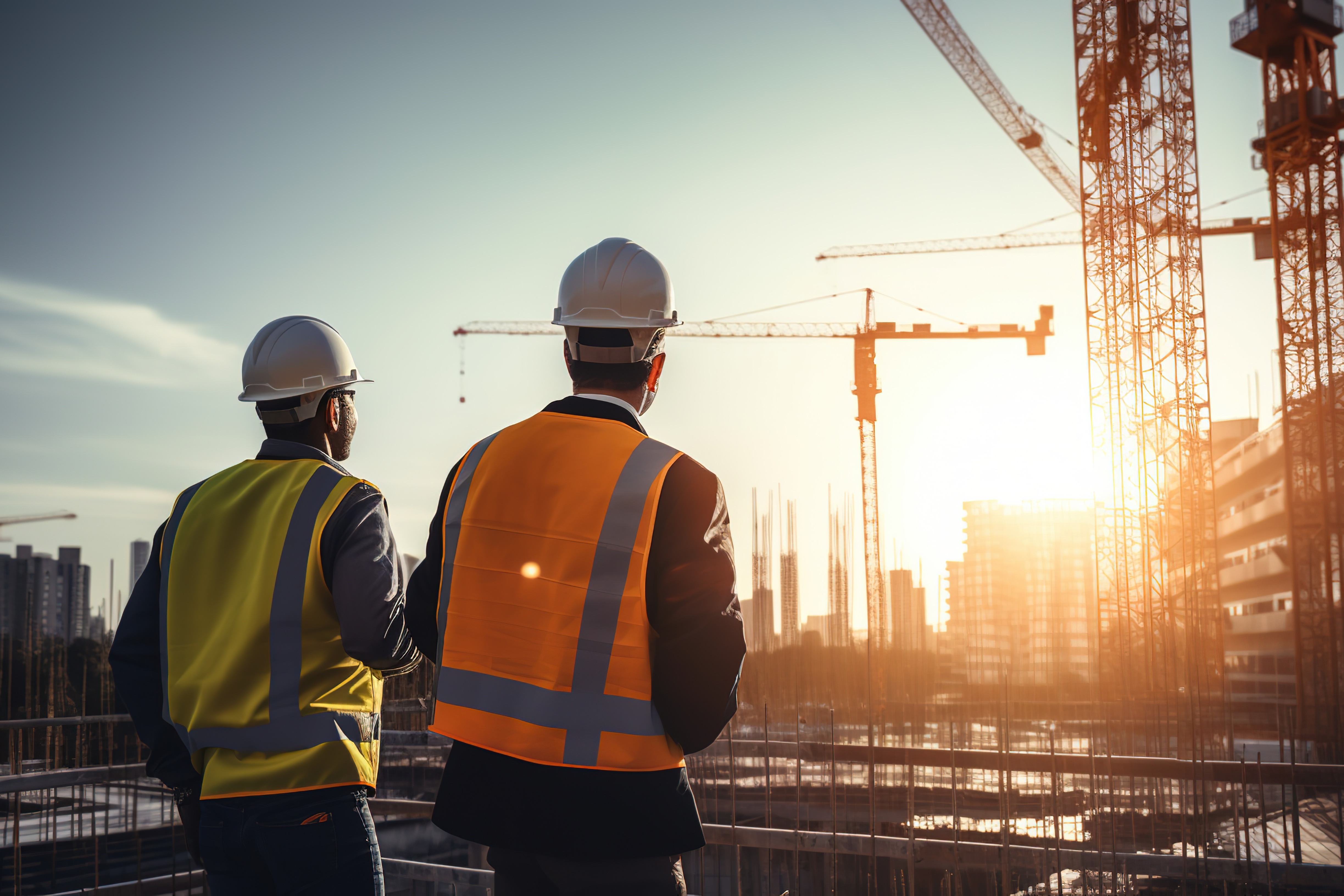 To bygningsarbejdere med hjelme og sikkerhedsveste betragter en byggeplads med kraner i solnedgangen.
