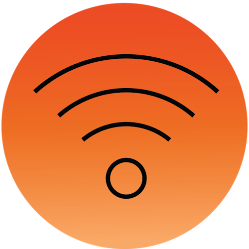 Orange cirkelikon med sort Wi-Fi-symbol bestående af tre buede linjer og en prik, der repræsenterer trådløs internetforbindelse.