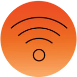 Orange cirkelikon med sort Wi-Fi-symbol bestående af tre buede linjer og en prik, der repræsenterer trådløs internetforbindelse.
