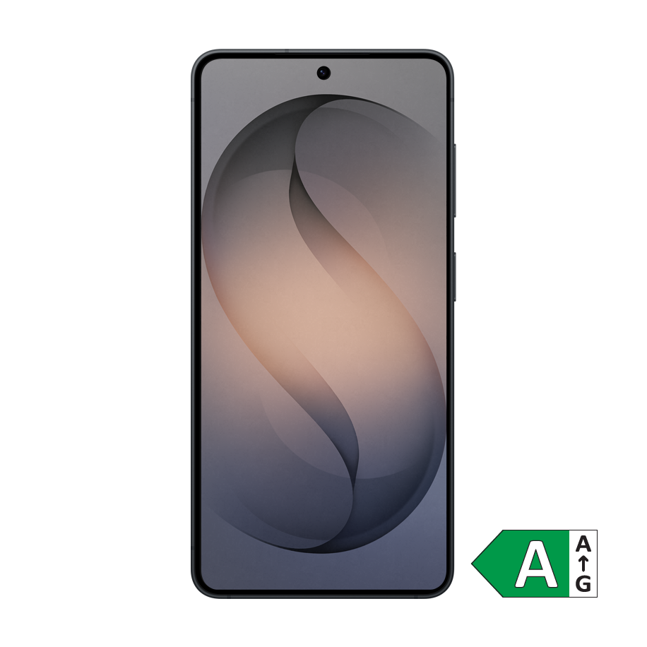 Samsung S26 Sort smartphone med bølgeformet baggrundsbillede og et grønt energimærke A i hjørnet.