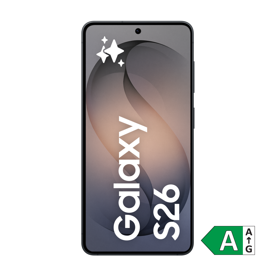 Samsung S26 Sort smartphone med bølgeformet baggrundsbillede og et grønt energimærke A i hjørnet.