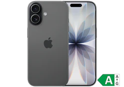 Grå iPhone 17 med dobbelt kamera og blomsterlignende baggrundsbillede på skærmen. Apple-logo på bagsiden.