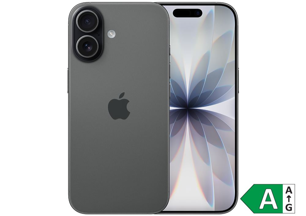 Grå iPhone 17 med dobbelt kamera og blomsterlignende baggrundsbillede på skærmen. Apple-logo på bagsiden.