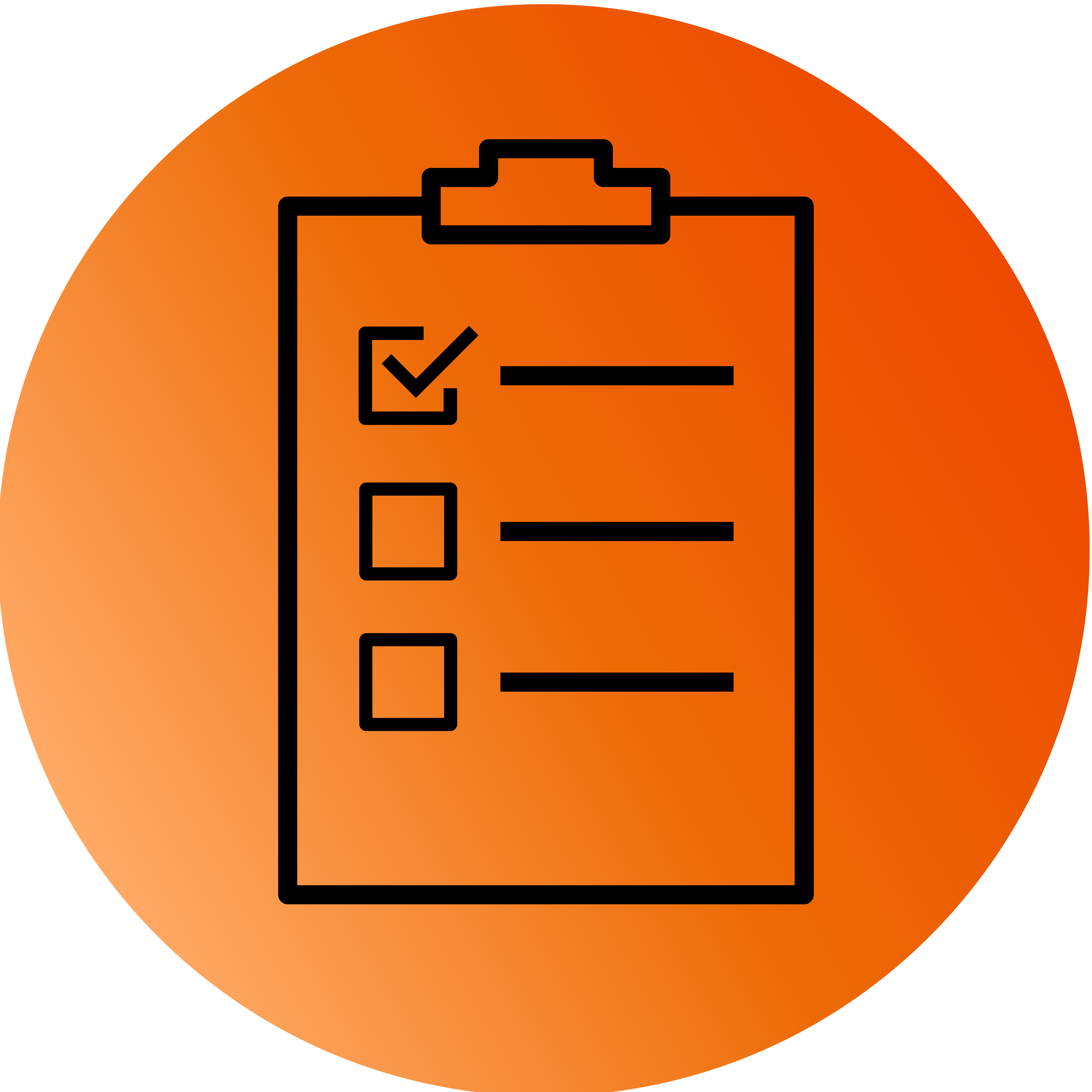 Tjekliste med tre punkter på en clipboard, hvor det første punkt er afkrydset, på en orange cirkulær baggrund.