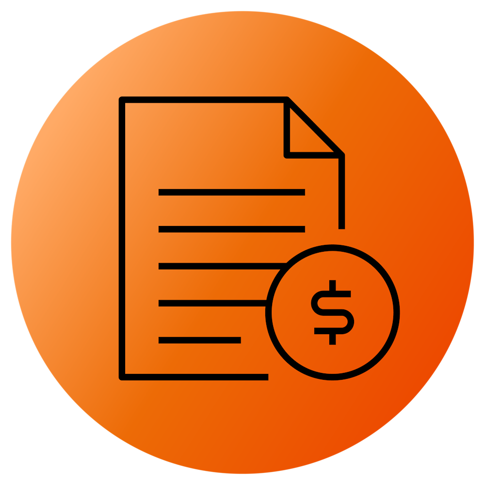 Ikon af et dokument med dollartegn i en cirkel på orange baggrund, der symboliserer faktura eller økonomisk dokument.