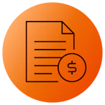 Ikon af et dokument med dollartegn i en cirkel på orange baggrund, der symboliserer faktura eller økonomisk dokument.