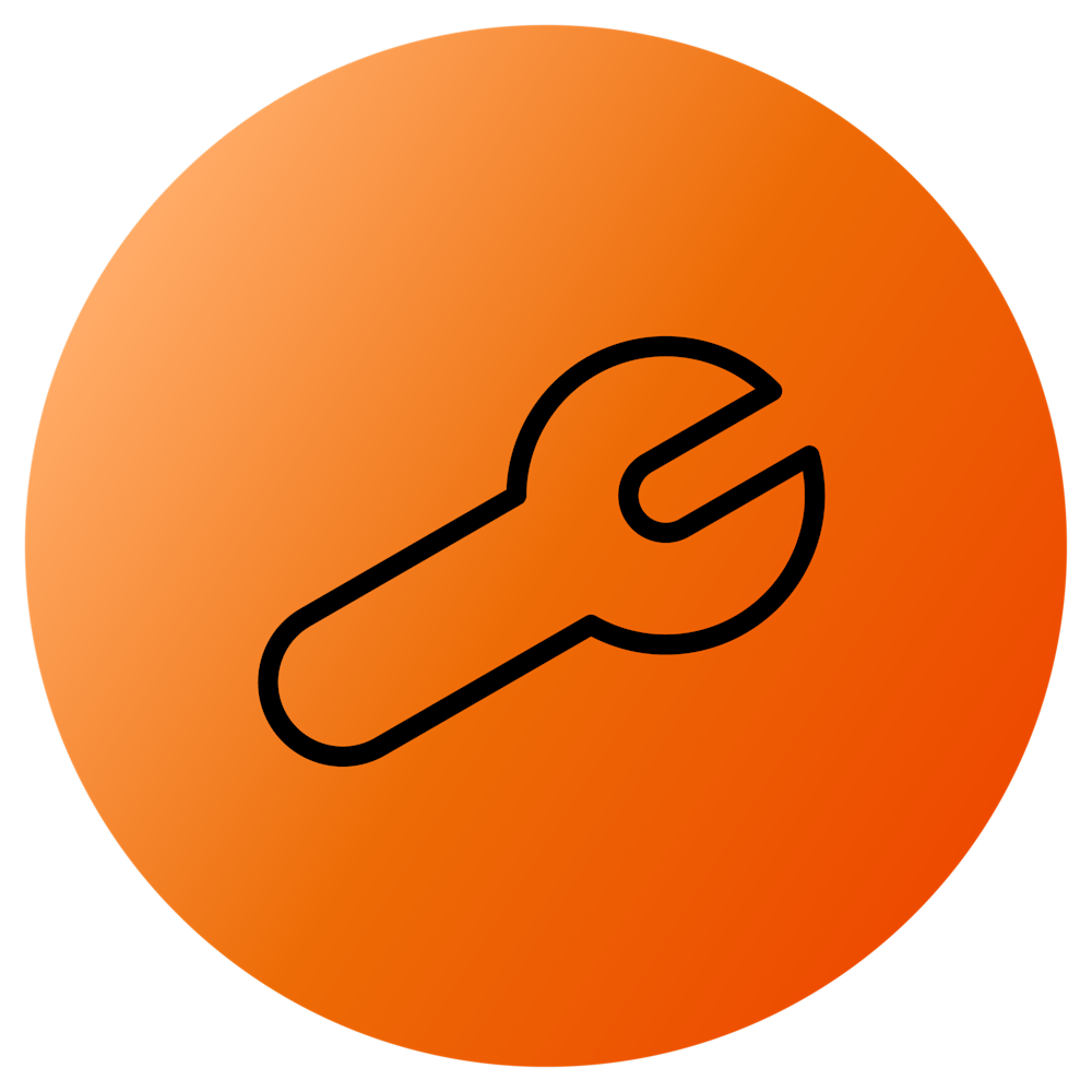 Sort skitsenøgle-ikon på orange cirkulær baggrund, symboliserer værktøj eller indstillinger.