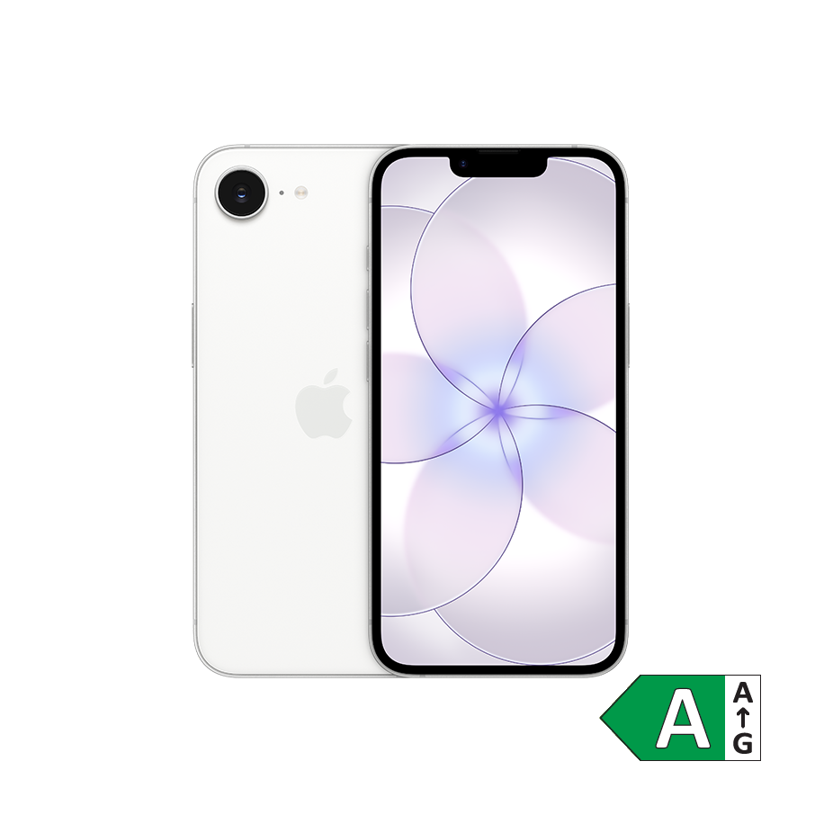 Hvid iPhone 17e med blomsterlignende lilla baggrund på skærmen og et grønt energimærke A i hjørnet