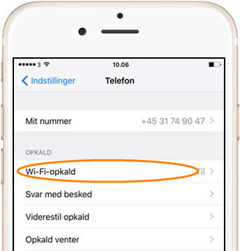 Indstillinger - WiFi-opkald menupunkt