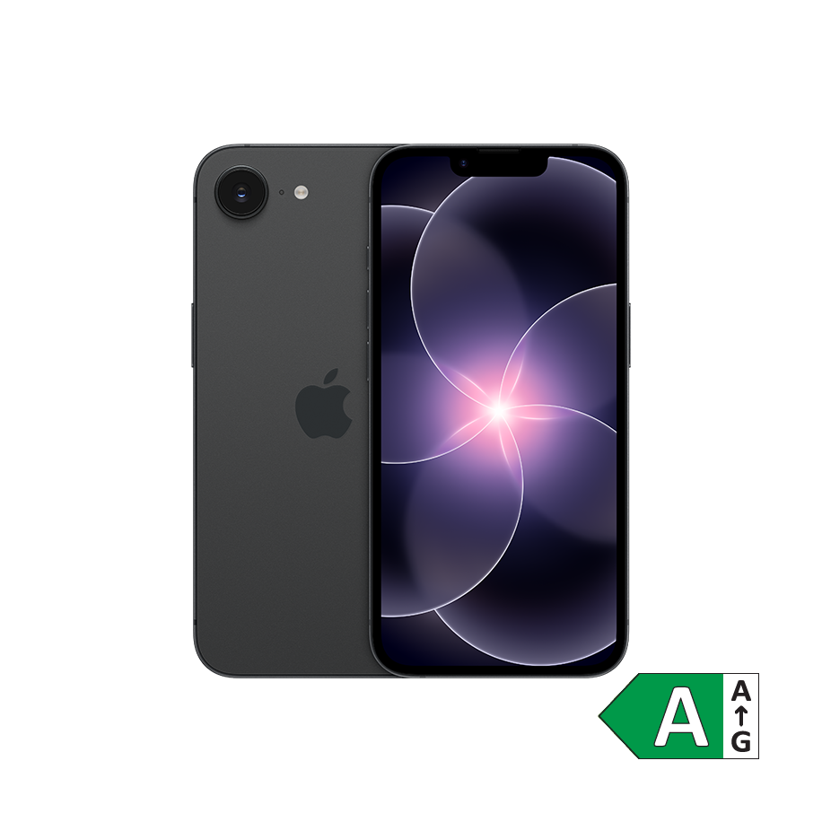 Sort iPhone 17e i grafitgrå farve med lilla baggrundsbillede på skærmen og et grønt energimærke A i hjørnet.