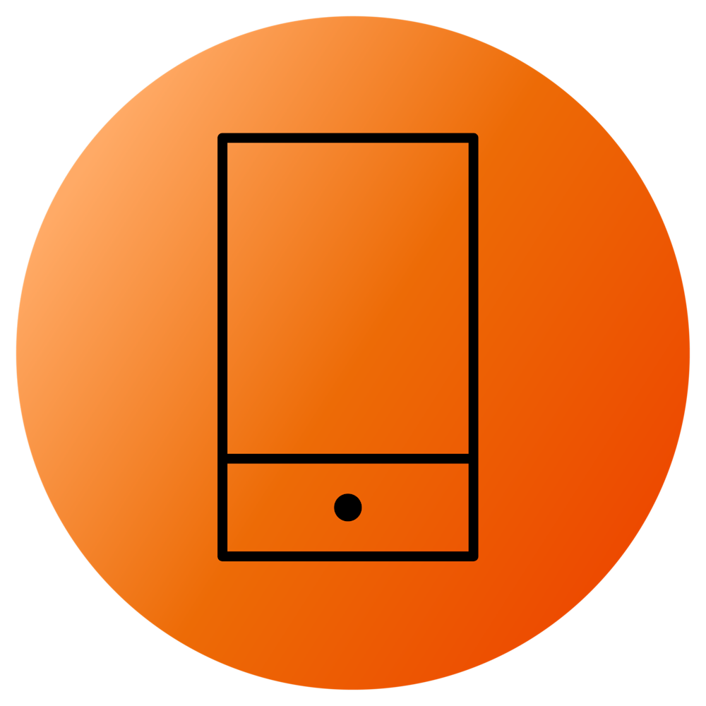 Stiliseret ikon af en smartphone eller mobiltelefon på en orange cirkulær baggrund med sort omrids og en knap forneden.