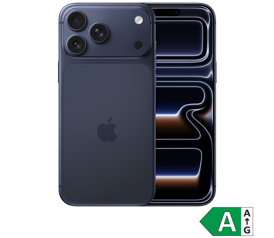 Mørkeblå iPhone Pro Max med tre kameraer set bagfra og forfra, med energimærke A vist i hjørnet.