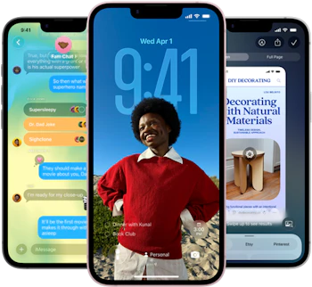 Tre smartphones viser forskellige apps: en chatapp, en person i rød sweater på startskærmen og en DIY-dekorationsartikel.