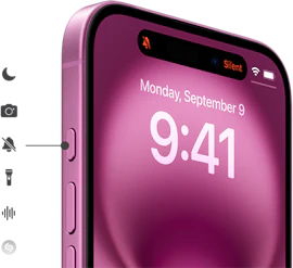 Billedet viser en halv mobil fra midt til top iPhone 16 i lyserød nuance. Skærmbilledet viser skærmlåse med klokkeslag, ude på venstre side af mobilen. bliver der vist sex ikoner "Nattesyn, Kamera, Lydløs, Lydoptager og Shazam ", som illustrerer de er tilknyttet den øverste knap ude på siden af mobilen.