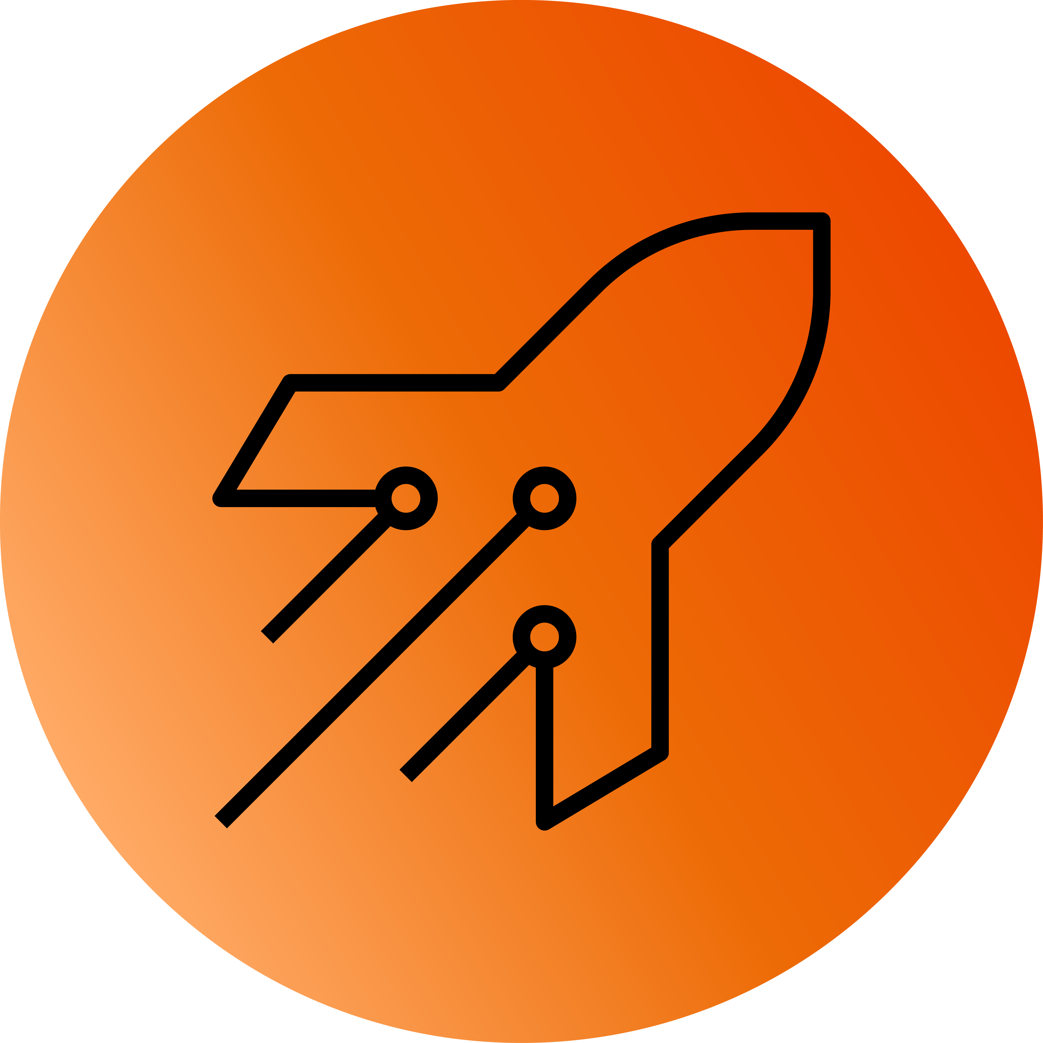 Stiliseret teknologi-ikon med kredsløbsmønster på orange cirkulær baggrund, der symboliserer digital forbindelse.