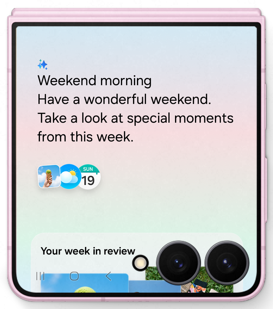 En lyserød foldbar smartphone viser en weekendmorgen-besked med app-ikoner og "Your week in review" på skærmen.