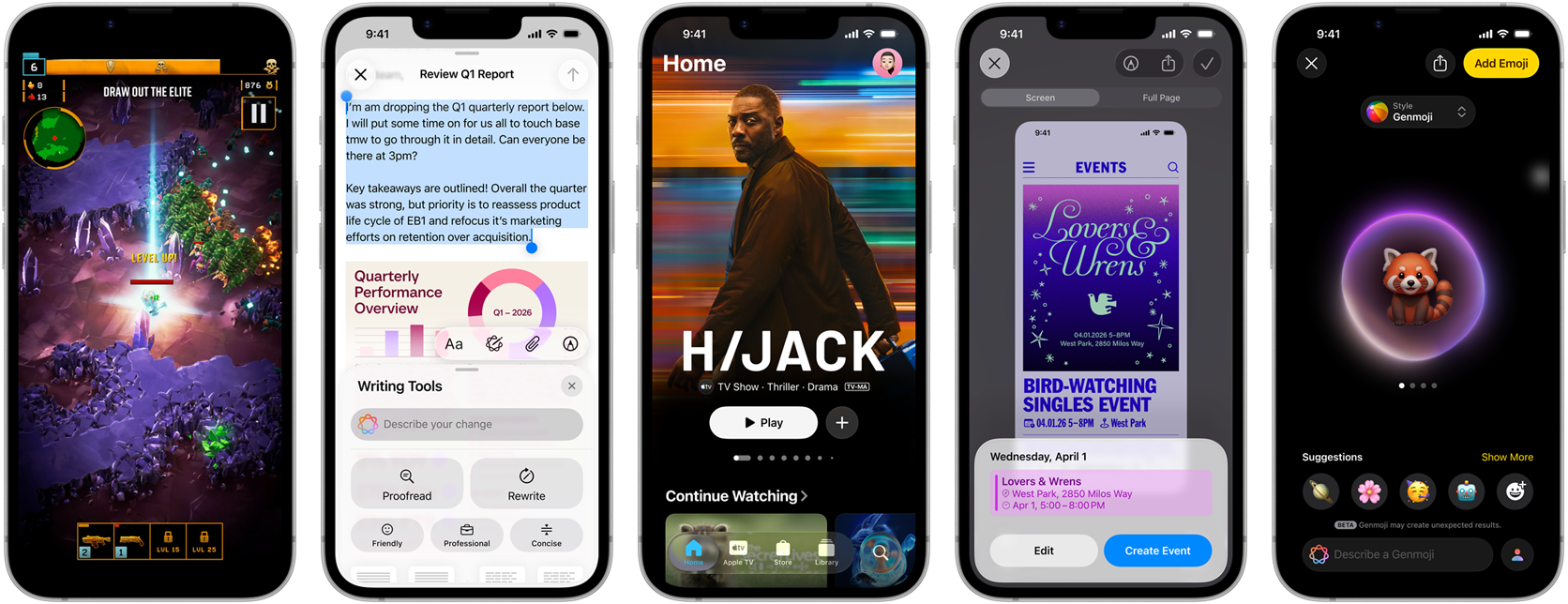 Fem smartphones viser forskellige apps: et spil, en rapport, en streaming-app med "HIJACK", en begivenhedskalender og en emoji-vælger.