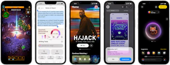 Fem smartphones viser forskellige apps: et spil, en rapport, en streaming-app med "HIJACK", en begivenhedskalender og en emoji-vælger.