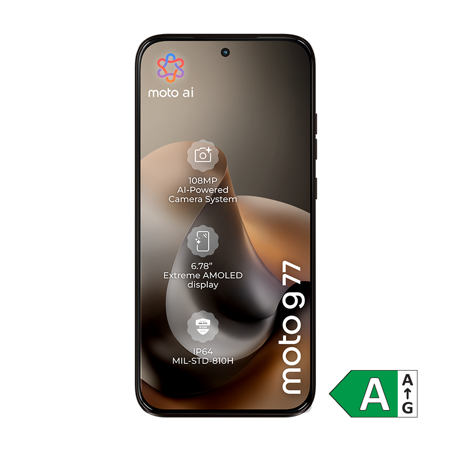 Sort Motorola Moto G77 smartphone forfra med 6,78" AMOLED-skærm, 108MP kamera og energimærke A.