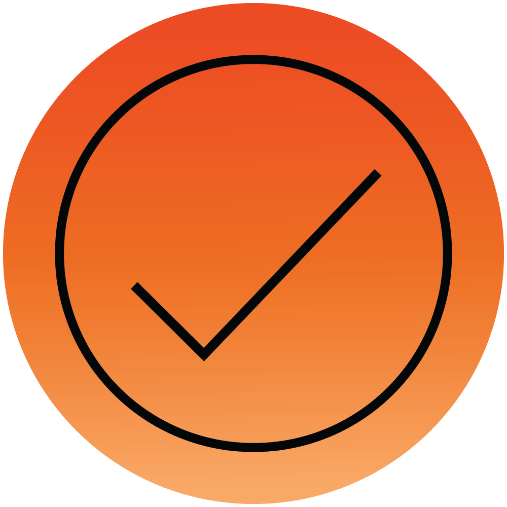 Orange cirkel med sort afkrydsning i midten, der symboliserer bekræftelse eller fuldførelse af en opgave.