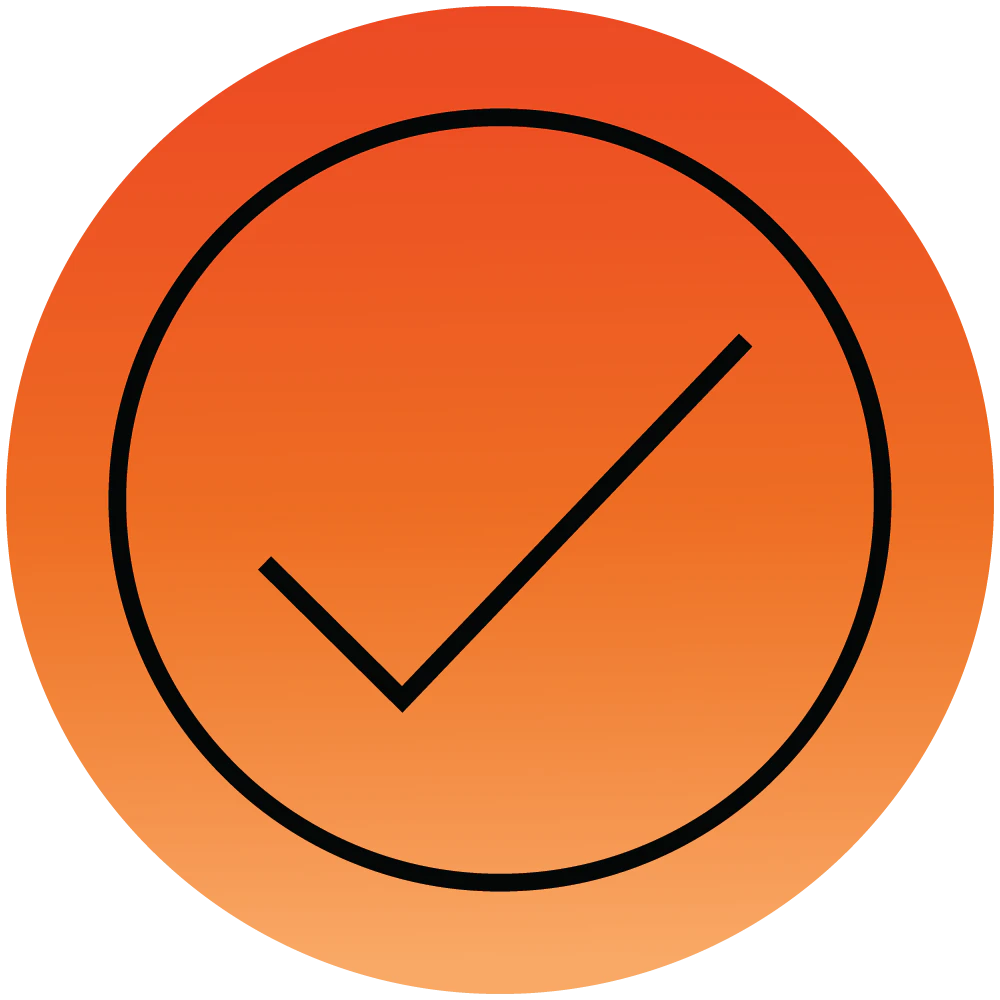 Orange cirkel med sort afkrydsning i midten, der symboliserer bekræftelse eller fuldførelse af en opgave.