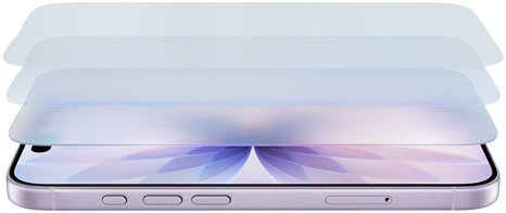 iphone 17 med flere lag af skærmbeskyttelse, der viser en lilla blomst på displayet.