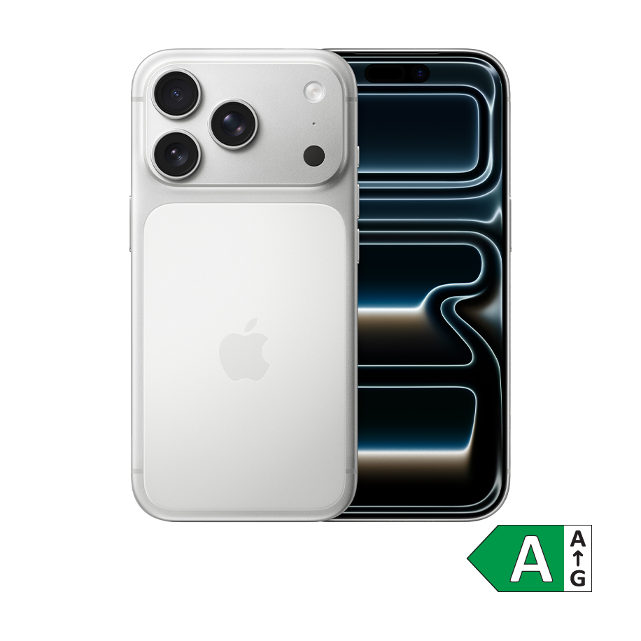 Hvid iPhone 17 Pro med tre kameraer på bagsiden, vist foran en sort skærm med lysende kurver. Energimærke A vises i hjørnet.