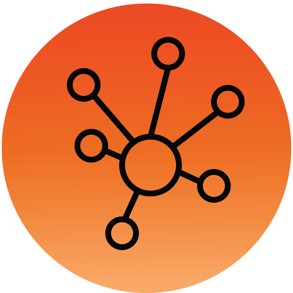 Sort netværksikon med central cirkel forbundet til seks mindre cirkler på orange baggrund.