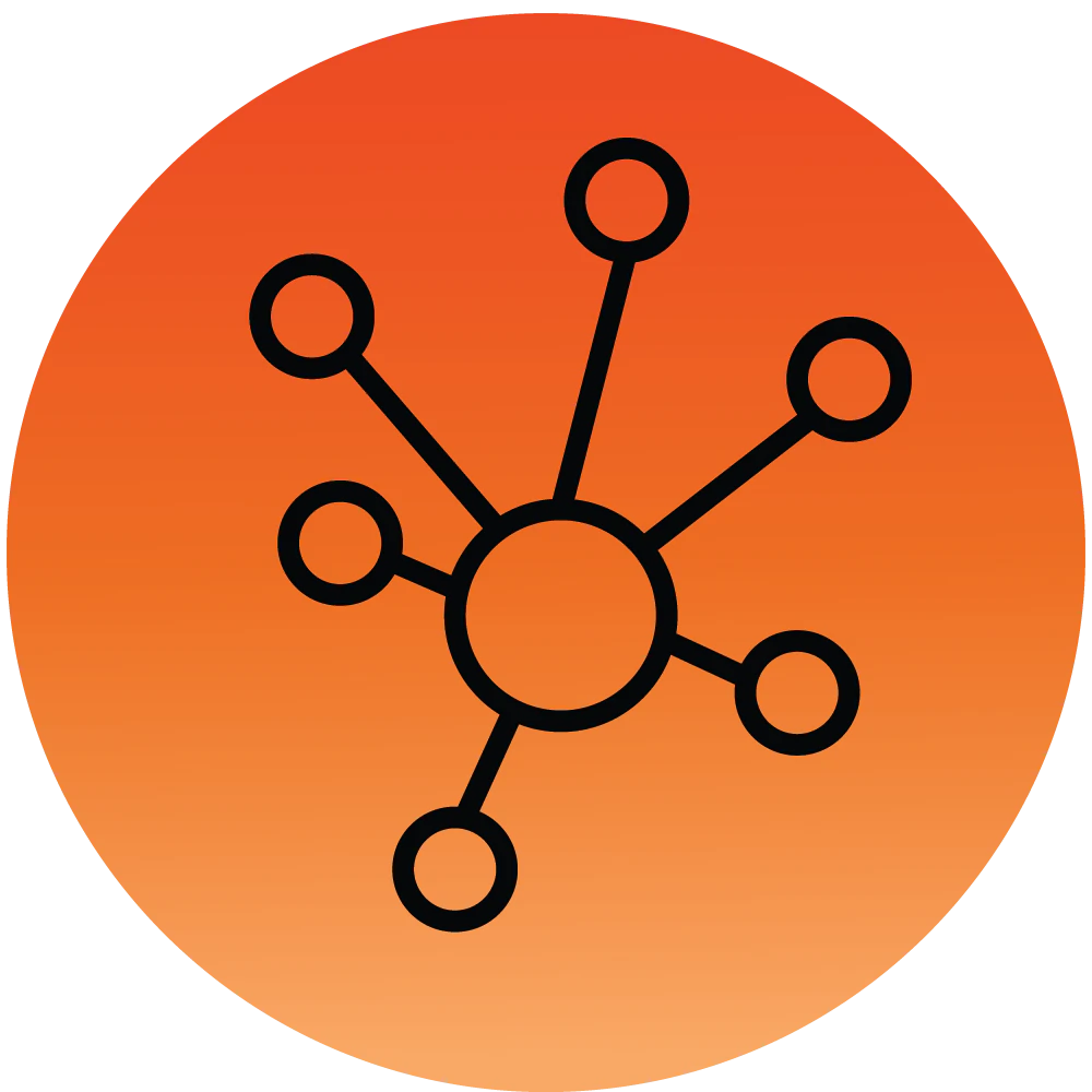 Sort netværksikon med central cirkel forbundet til seks mindre cirkler på orange baggrund.