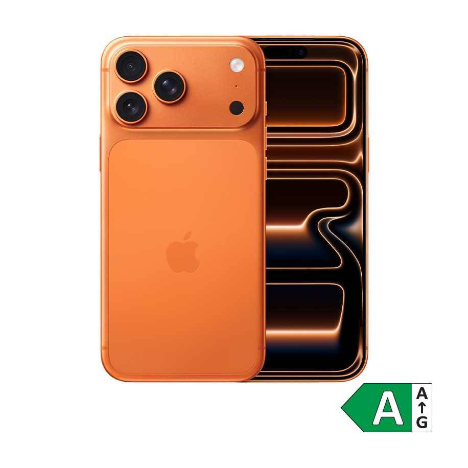 Orange iPhone 17 pro med tre kameraer på bagsiden, vist ved siden af en abstrakt mønstret baggrund og et energimærke A.
