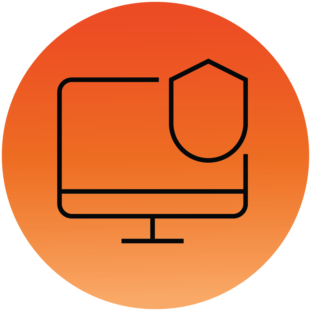 Ikon af en computerskærm med et skjold, der symboliserer cybersikkerhed, på orange cirkulær baggrund.