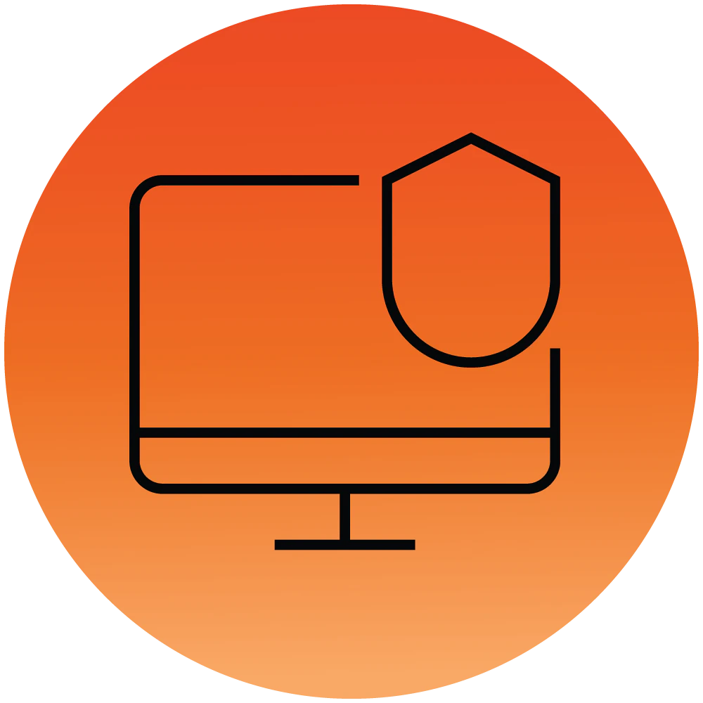 Ikon af en computerskærm med et skjold, der symboliserer cybersikkerhed, på orange cirkulær baggrund.