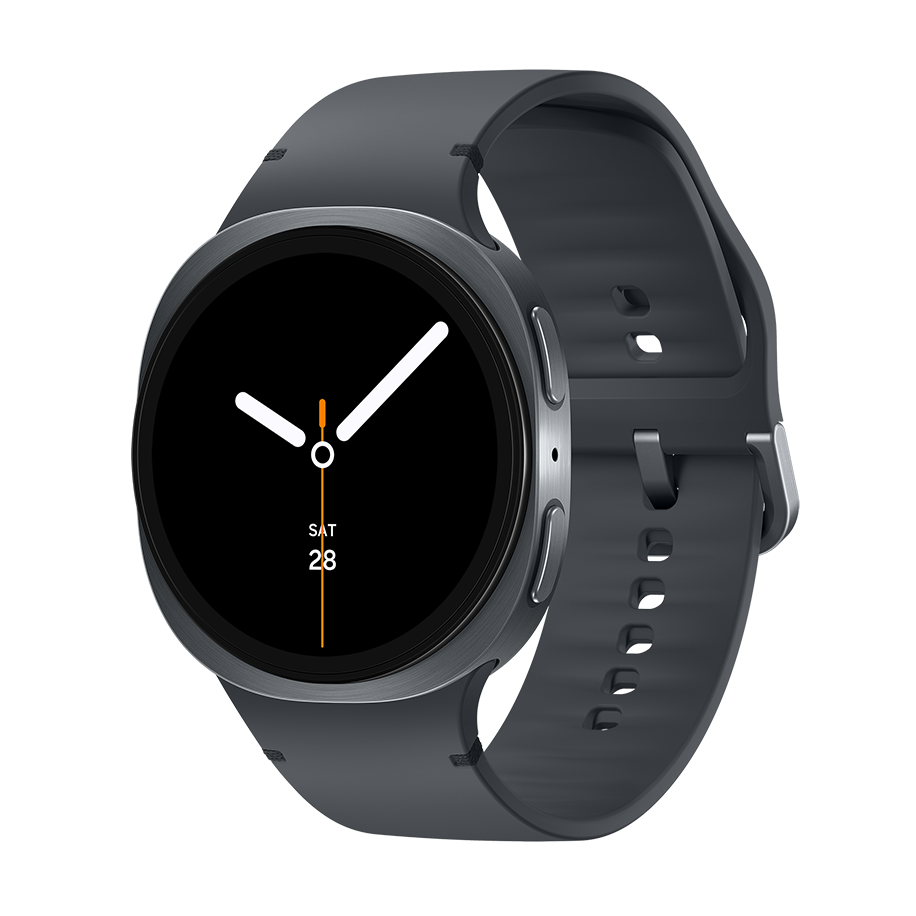 Moderne Samsung smartwatch med rund sort skærm og grå silikonrem, der viser klokkeslæt og dato