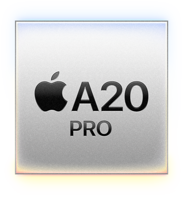 Apple A20 Pro chip-logo på sølvgrå baggrund med Apples ikoniske æblelogo og teksten A20 PRO.
