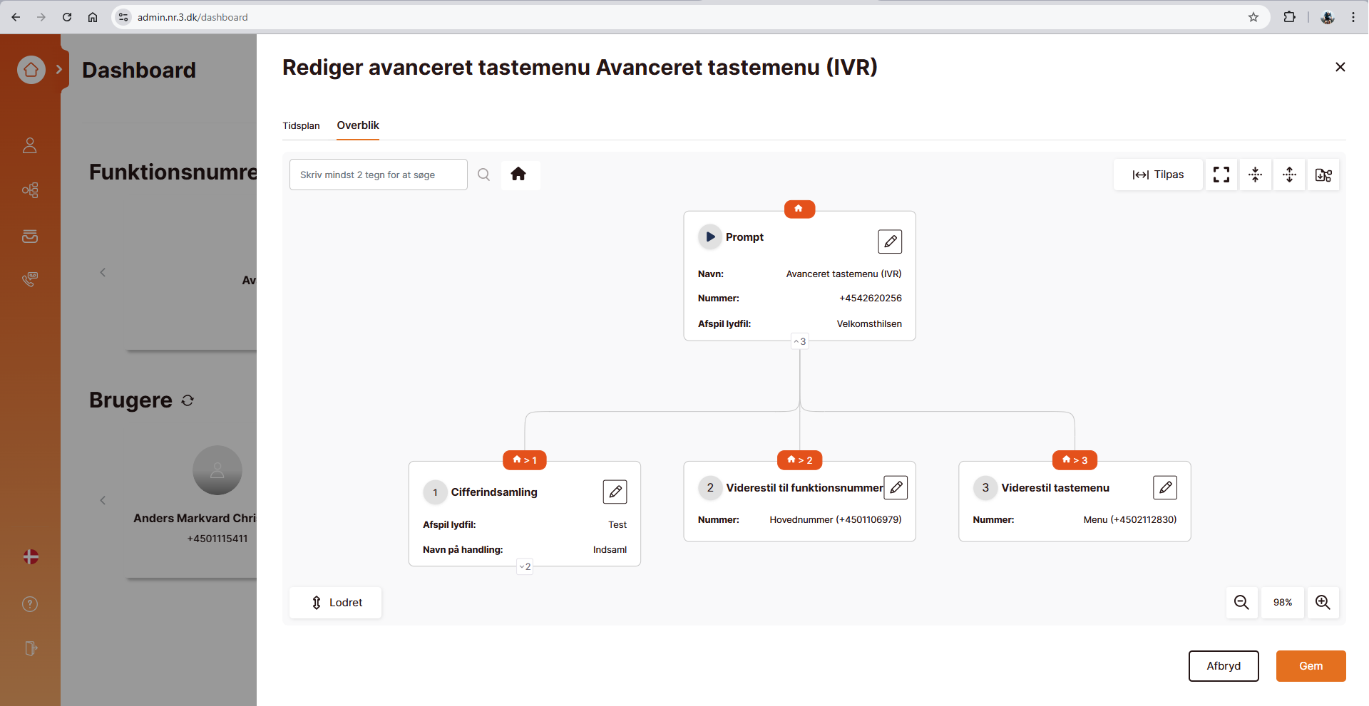 Administrativt dashboard fra 3Konatkt der viser redigering af avanceret tastemenu (IVR) med flowdiagram over telefonprompts og viderestillinger.