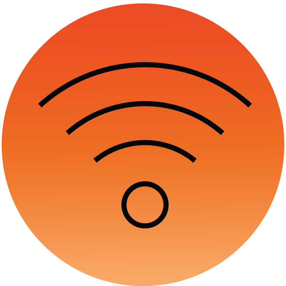 Wi-Fi-ikon i orange cirkel med sort trådløst signal-symbol bestående af buer og en cirkel i bunden.