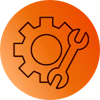 Sort tandhjul og skruenøgle ikon på orange cirkulær baggrund, symboliserer service eller teknisk support.
