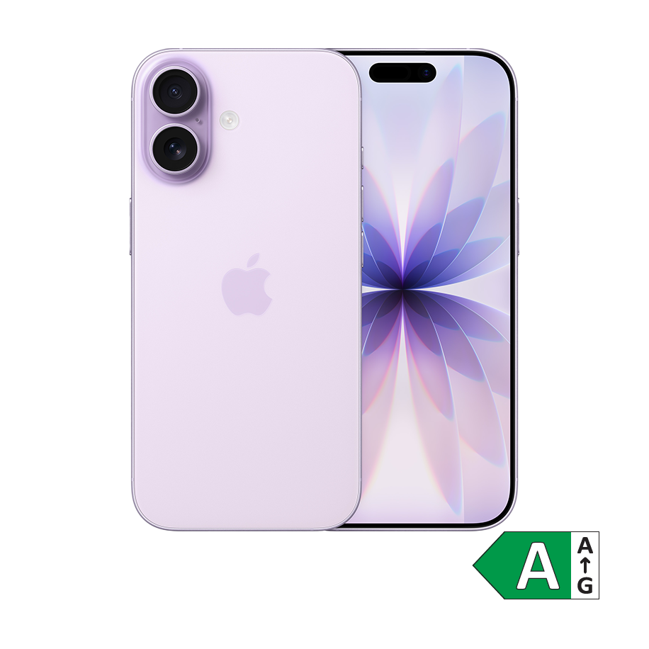 Lyselilla iPhone 17 med dobbelt kamera og blomstermotiv på skærmen. Energimærke A vises i hjørnet.