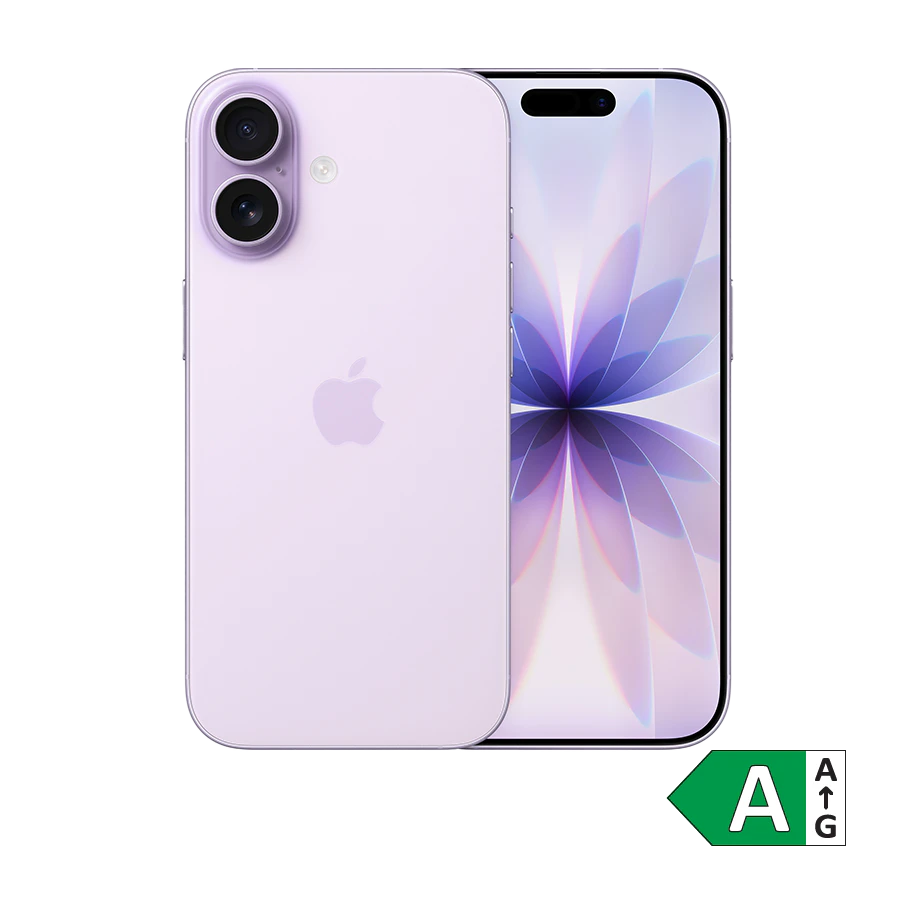 Lyselilla iPhone 17 med dobbelt kamera og blomstermotiv på skærmen. Energimærke A vises i hjørnet.