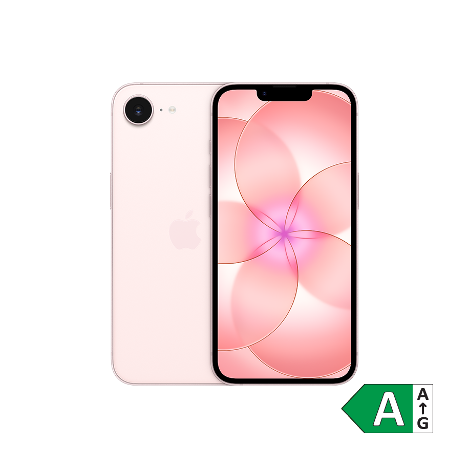 Lyserød iPhone 17e med blomstermotiv på skærmen og et grønt energimærke A i hjørnet