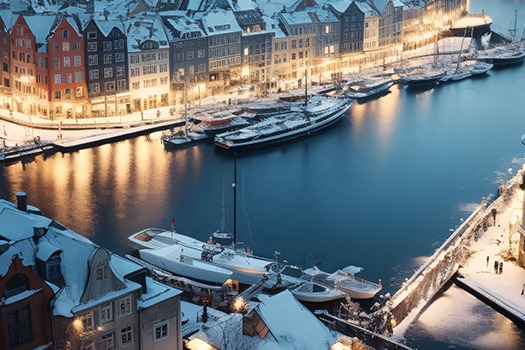 En by ved havnen. Tagene og veje er snedækket 